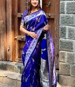 Royal blue woven self design pure silk banarasi saree with blouse