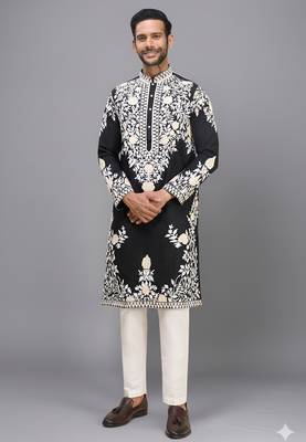 black silk kurta pant set with embroidered work 2