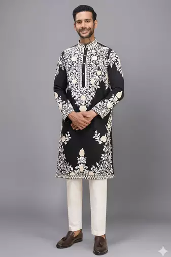 black silk kurta pant set with embroidered work