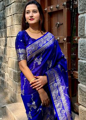 Royal blue woven self design silk blend banarasi saree with blouse 2