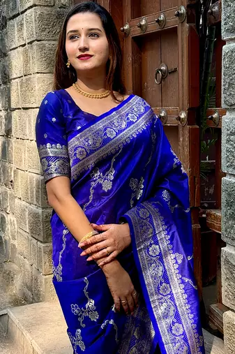 Royal blue woven self design pure silk banarasi saree with blouse