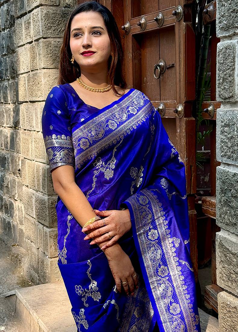 Royal blue woven self design pure silk banarasi saree with blouse