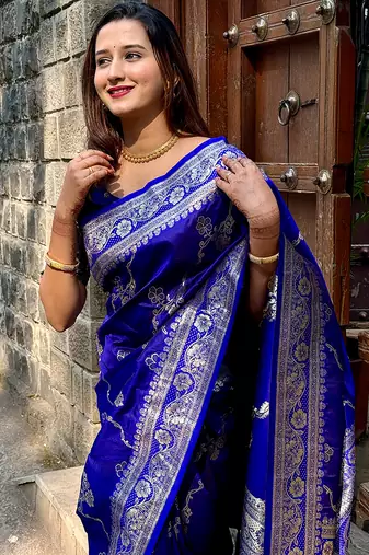 Royal blue woven self design pure silk banarasi saree with blouse