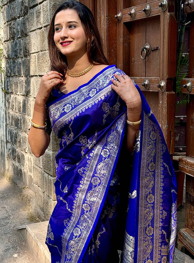 Royal blue woven self design pure silk banarasi saree with blouse