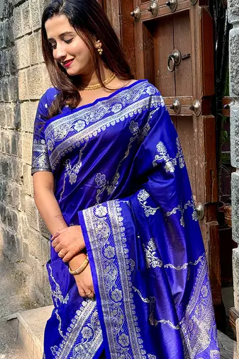 Royal blue woven self design pure silk banarasi saree with blouse