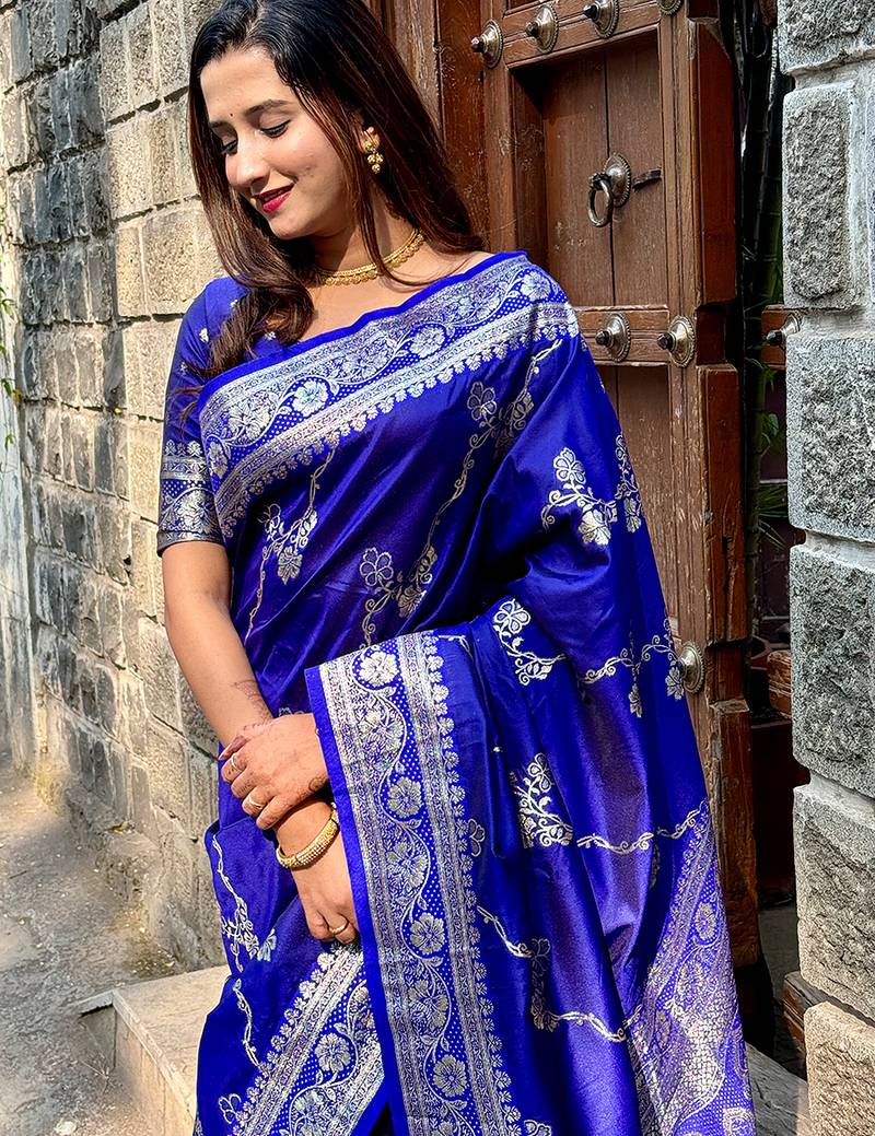 Royal blue woven self design pure silk banarasi saree with blouse