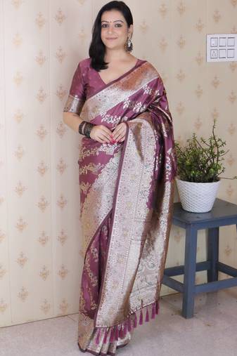 Dark mauve woven self design pure silk banarasi saree with blouse
