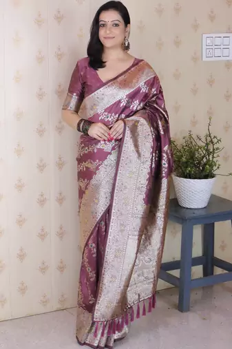 Dark mauve woven self design pure silk banarasi saree with blouse
