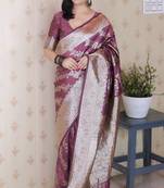 Dark mauve woven self design pure silk banarasi saree with blouse