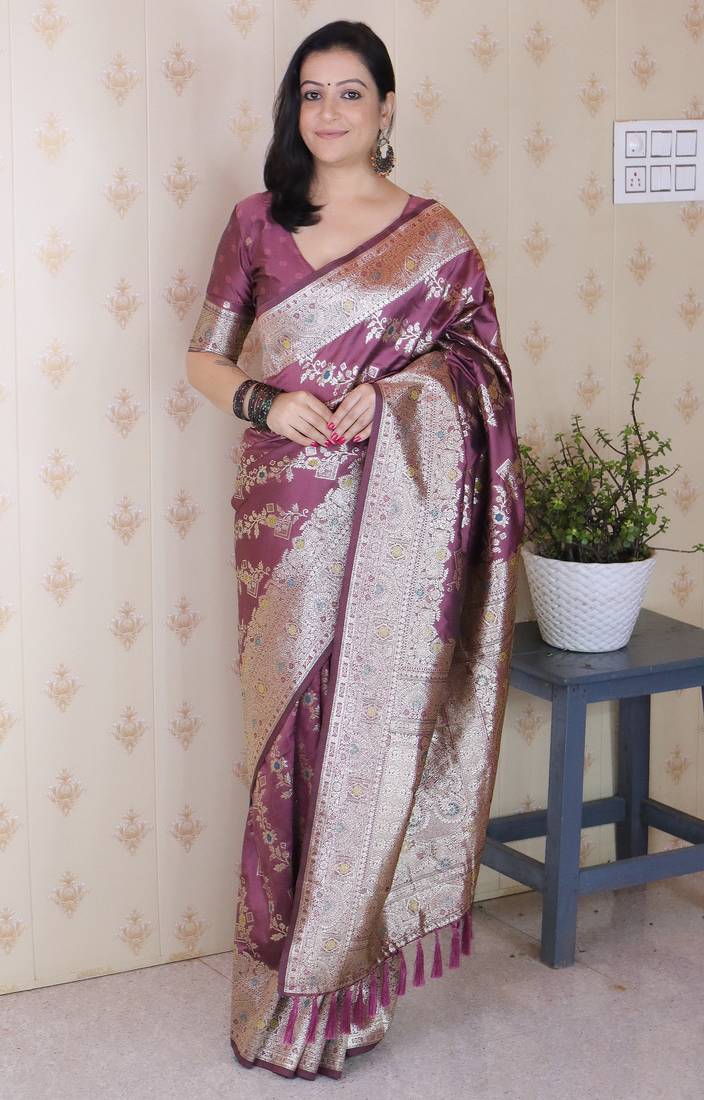 Dark mauve woven self design pure silk banarasi saree with blouse