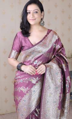 Dark mauve woven self design silk blend banarasi saree with blouse 2