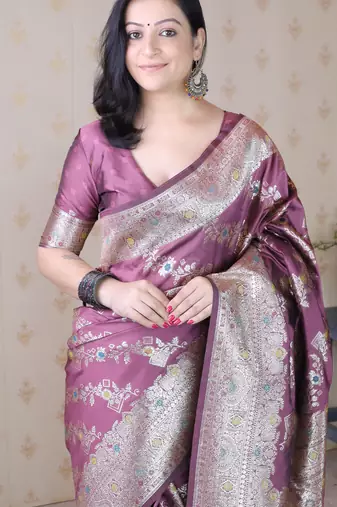 Dark mauve woven self design pure silk banarasi saree with blouse