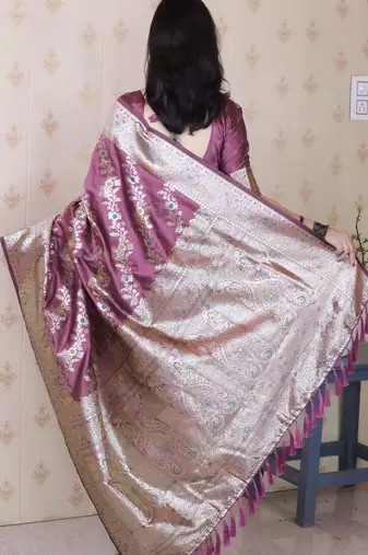 Dark mauve woven self design pure silk banarasi saree with blouse