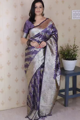 Lavender woven self design pure silk banarasi saree with blouse