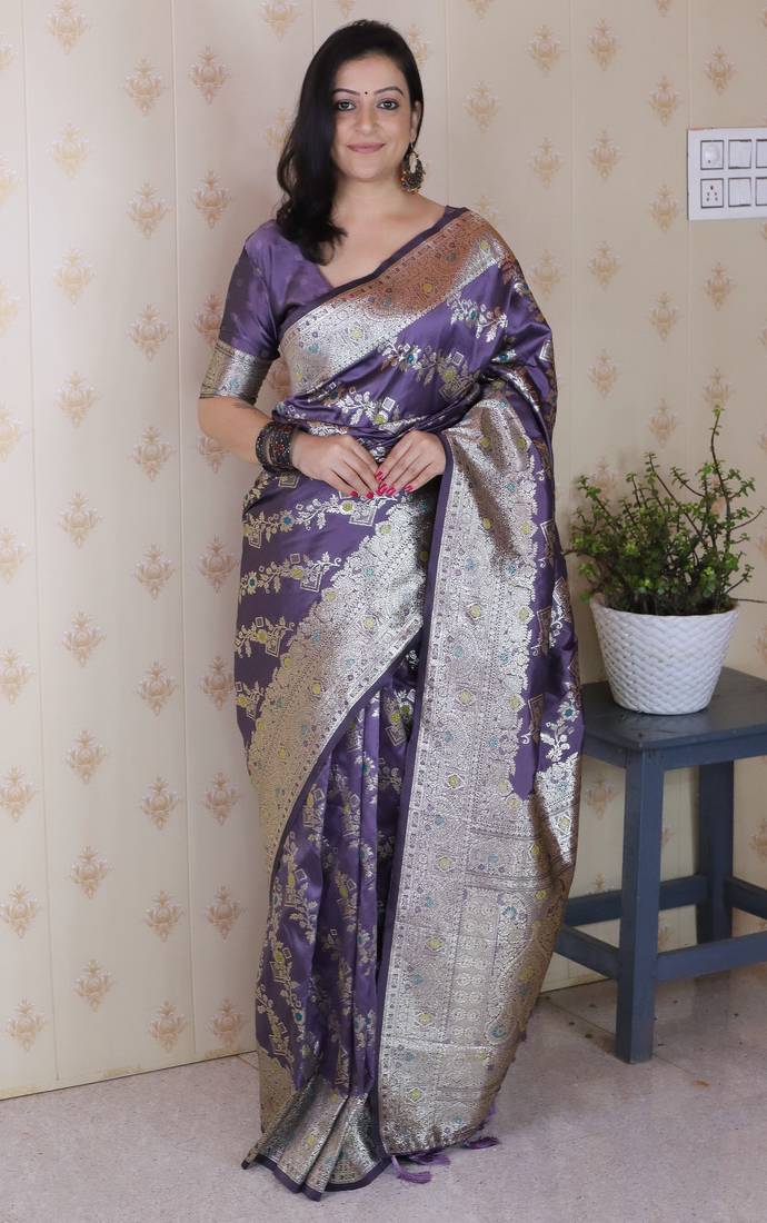 Lavender woven self design pure silk banarasi saree with blouse
