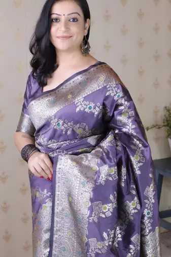 Lavender woven self design pure silk banarasi saree with blouse
