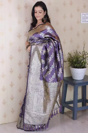 Lavender woven self design pure silk banarasi saree with blouse