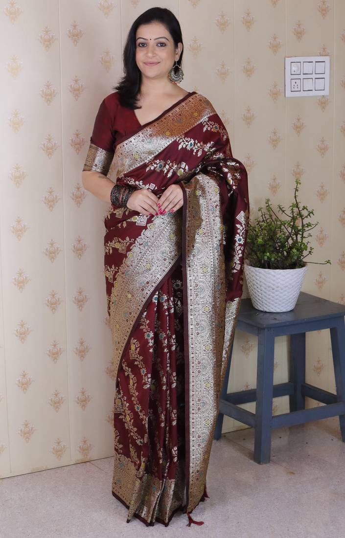 Maroon woven self design pure silk banarasi saree with blouse