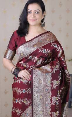 Maroon woven self design silk blend banarasi saree with blouse 2