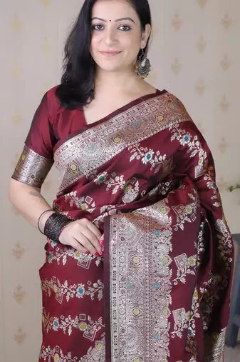 Maroon woven self design pure silk banarasi saree with blouse