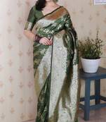 Mehendi woven self design pure silk banarasi saree with blouse