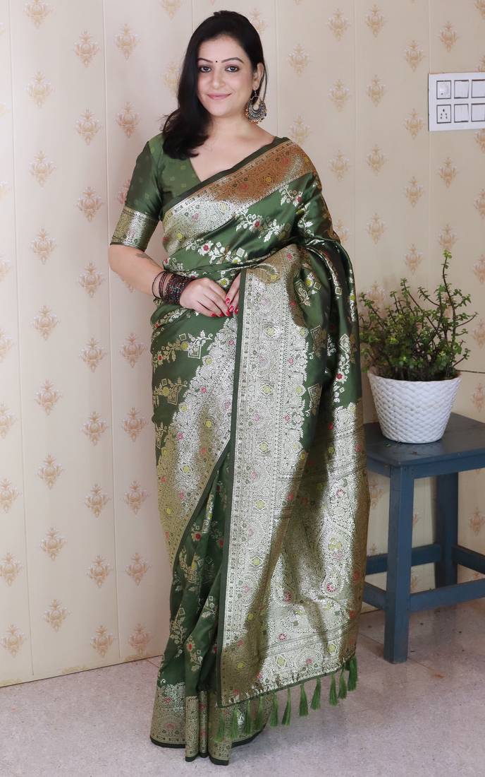 Mehendi woven self design pure silk banarasi saree with blouse