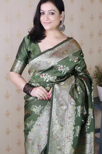 Mehendi woven self design pure silk banarasi saree with blouse
