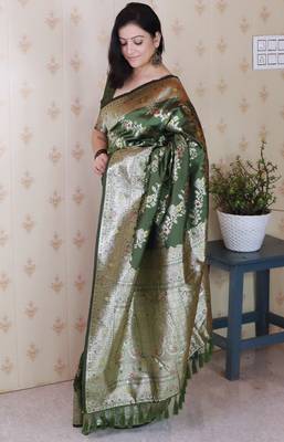 Mehendi woven self design silk blend banarasi saree with blouse 3