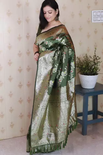 Mehendi woven self design pure silk banarasi saree with blouse