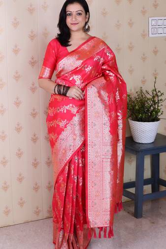 Pink woven self design pure silk banarasi saree with blouse