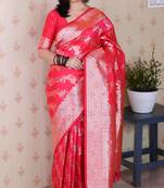 Pink woven self design pure silk banarasi saree with blouse