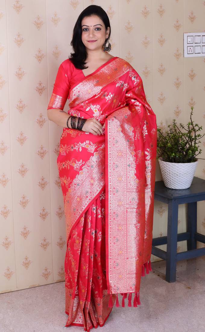 Pink woven self design pure silk banarasi saree with blouse