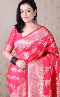 Pink woven self design silk blend banarasi saree with blouse 2