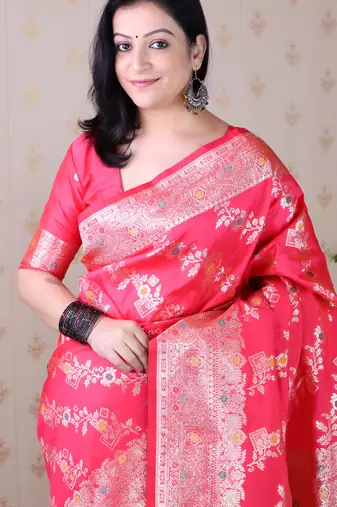 Pink woven self design pure silk banarasi saree with blouse