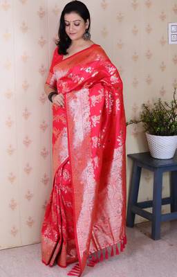 Pink woven self design silk blend banarasi saree with blouse 3