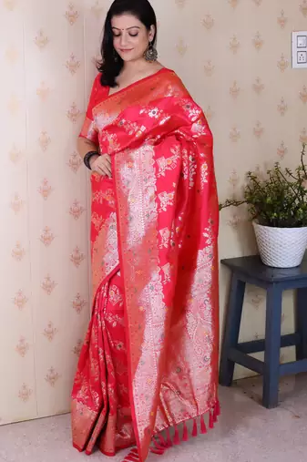 Pink woven self design pure silk banarasi saree with blouse