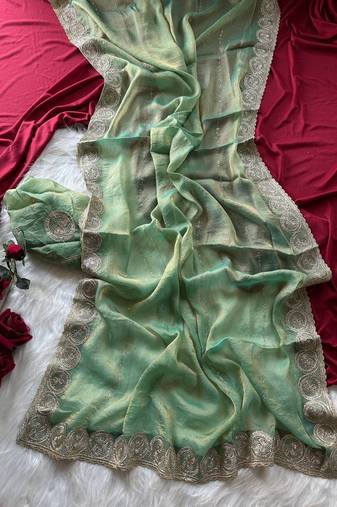 Sea Green Color embroidery work chiffon saree 