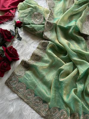 Sea Green Color embroidery work chiffon saree  2