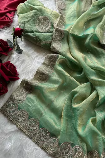 Sea Green Color embroidery work chiffon saree 