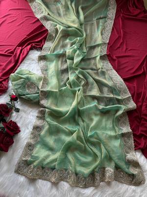 Sea Green Color embroidery work chiffon saree  3