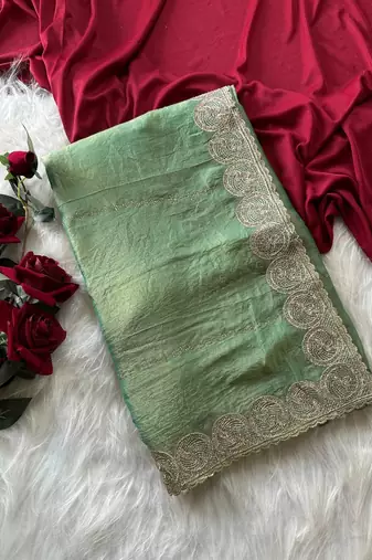 Sea Green Color embroidery work chiffon saree 