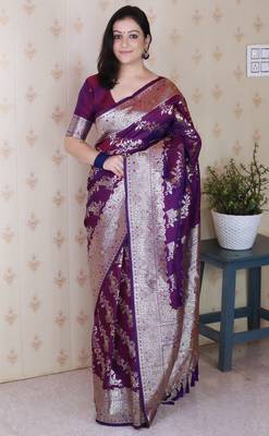 Purple woven self design silk blend banarasi saree with blouse 1
