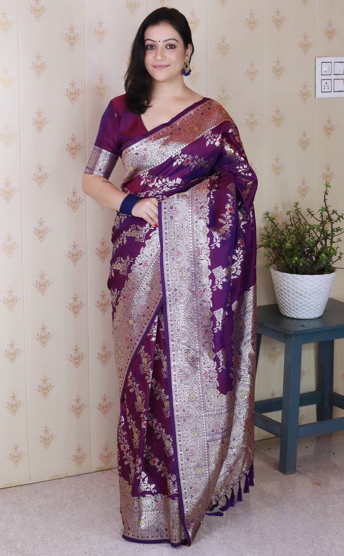 Purple woven self design pure silk banarasi saree with blouse
