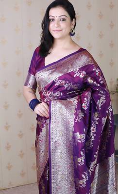 Purple woven self design silk blend banarasi saree with blouse 2