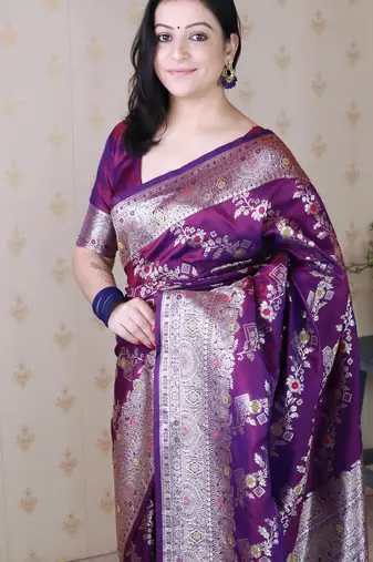 Purple woven self design pure silk banarasi saree with blouse