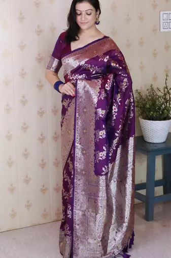 Purple woven self design pure silk banarasi saree with blouse