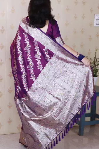 Purple woven self design pure silk banarasi saree with blouse