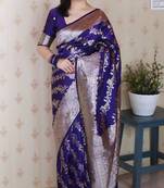 Violet woven self design pure silk banarasi saree with blouse