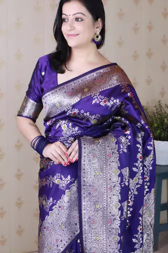 Violet woven self design pure silk banarasi saree with blouse