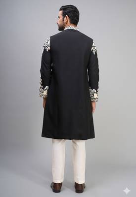 black silk kurta pant set with embroidered work 3